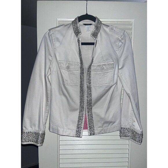 J. Crew Ivory Cotton Stretch Rhinestone Filled Jacket Size S Petite - Picture 1 of 5